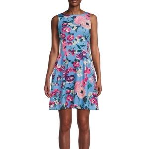 Vince Camuto Blue Floral Print Fit and Flare Scuba Dress